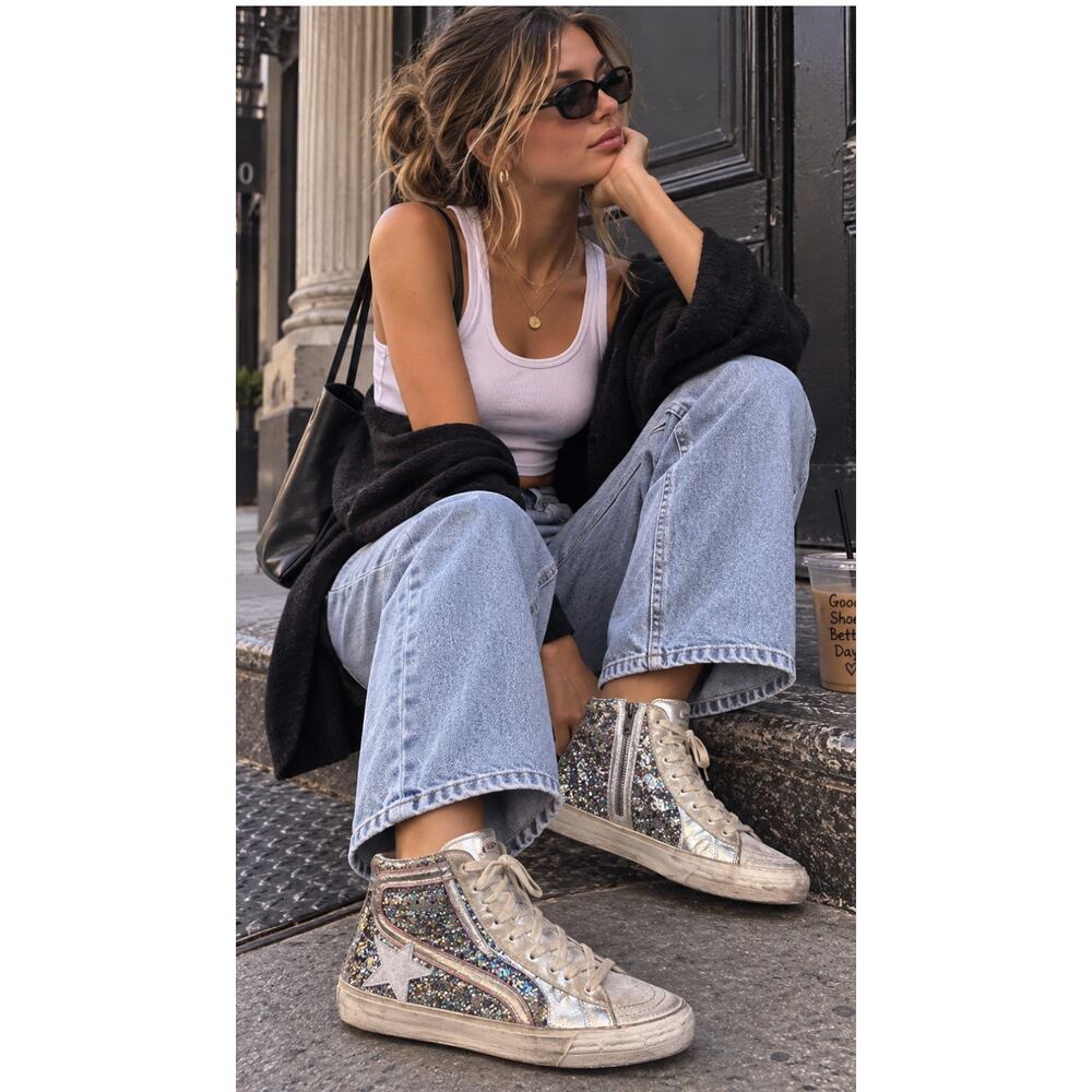 Golden Goose Slide High Top Sneakers 37 Silver Glitter Star GGDB